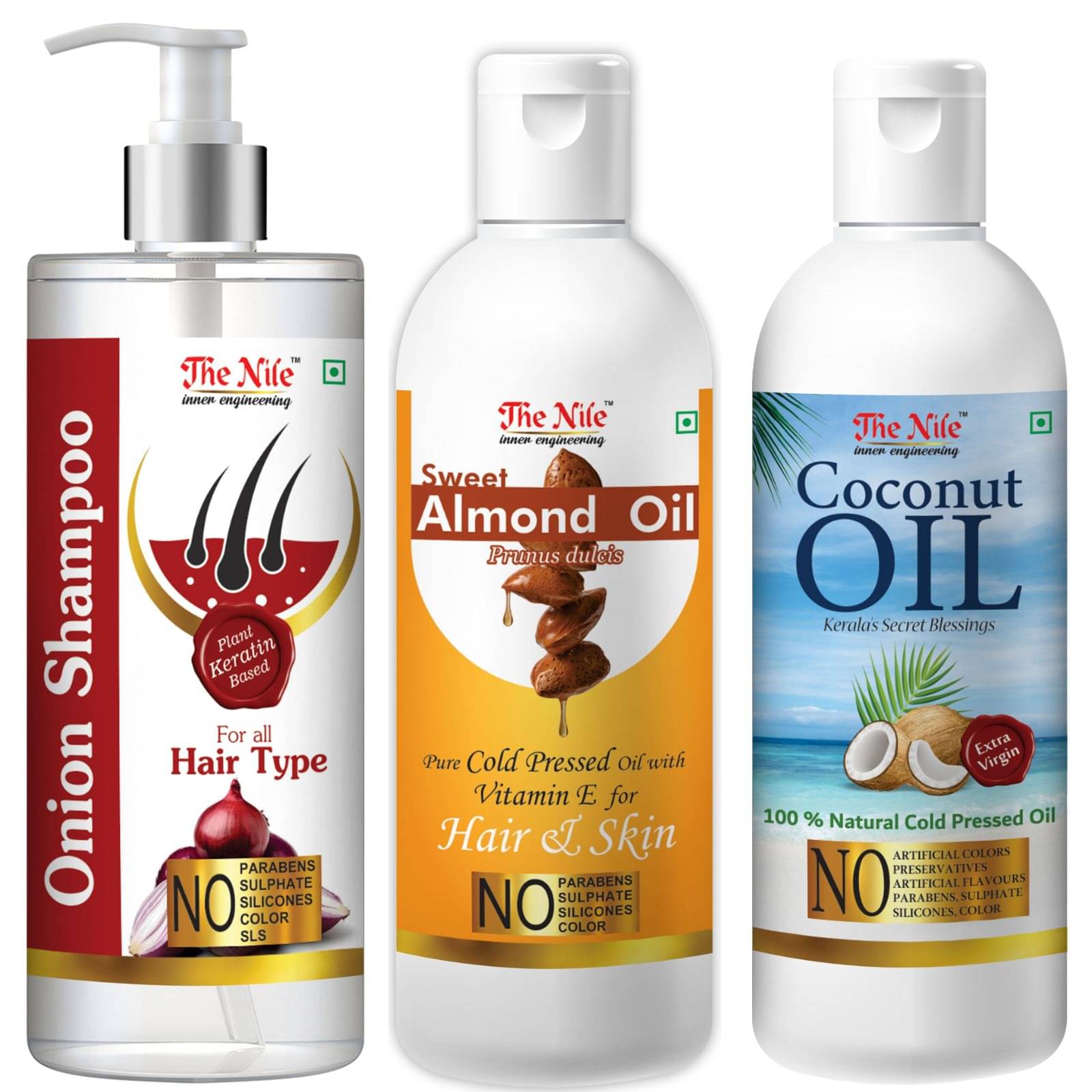 The Nile Red Onion Shampoo 200 ML + Sweet Almond 100 ML + Coconut Oil 100 ML Shampoo 400 mL Pack of 3 The Nile Red Onion Shampoo 200 ML + Sweet Almond 100 ML + Coconut Oil 100 ML Shampoo 400 mL Pack of 3
