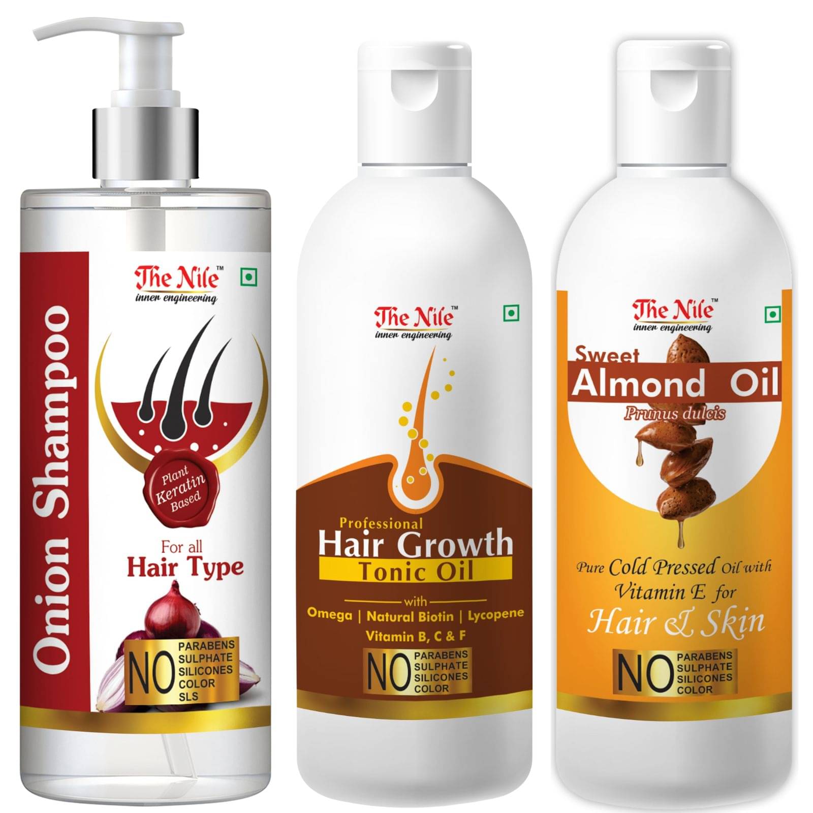     			The Nile Red Onion Shampoo 200 ML + Hair Tonic 100 ML + Sweet Almond 100 ML  Shampoo 400 mL Pack of 3