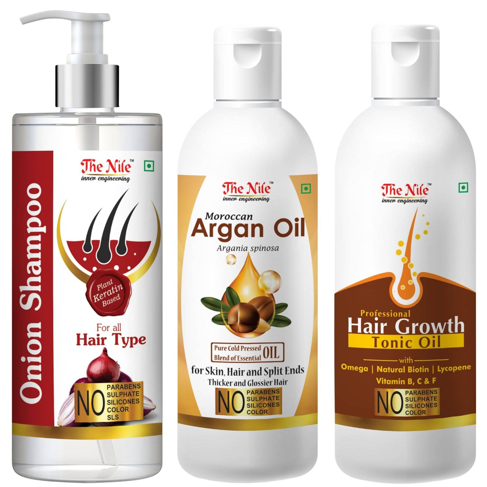The Nile Red Onion Shampoo 200 ML + Argan 100 ML + Hair Growth Tonic 100 ML Shampoo 400 mL Pack of 3 The Nile Red Onion Shampoo 200 ML + Argan 100 ML + Hair Growth Tonic 100 ML Shampoo 400 mL Pack of 3