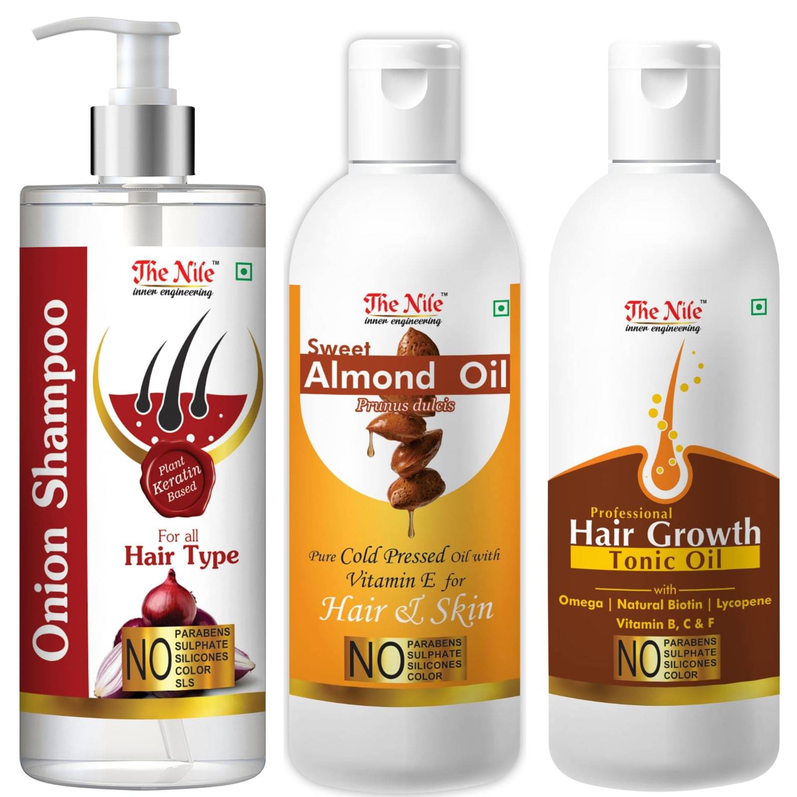 The Nile Red Onion Shampoo 200 ML + Sweet Almond 100 ML + Hair Tonic 100 ML Shampoo 400 mL Pack of 3 The Nile Red Onion Shampoo 200 ML + Sweet Almond 100 ML + Hair Tonic 100 ML Shampoo 400 mL Pack of 3