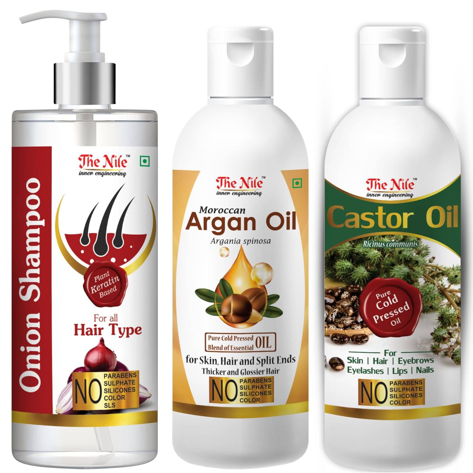     			The Nile Red Onion Shampoo 200 ML + Argan Argan Oil 100 ML + Castor Oil 100 ML  Shampoo 400 mL Pack of 3