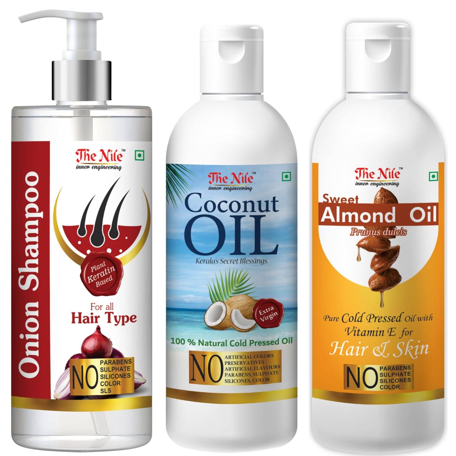     			The Nile Red Onion Shampoo 200 ML + Coconut 100 ML + Sweet Almond 100 ML  Shampoo 400 mL Pack of 3