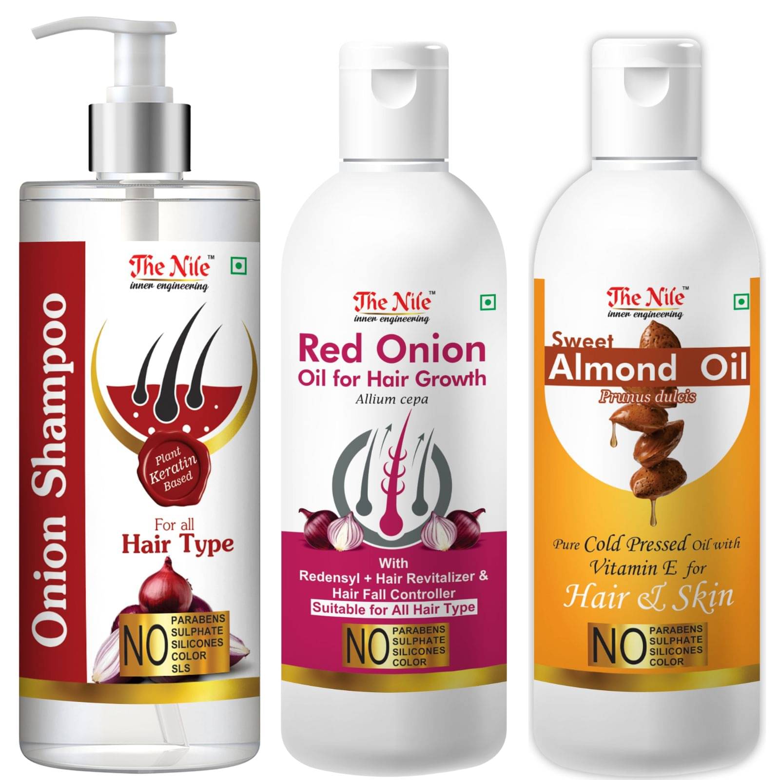     			The Nile Red Onion Shampoo 200 ML + Red Onion Oil 100 ML + Sweet Almond 100 ML  Shampoo 400 mL Pack of 3