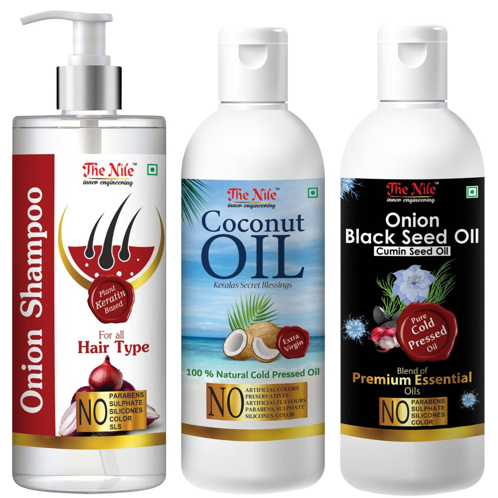The Nile Red Onion Shampoo 200 ML + Coconut 100 ML + Onion BlackSeed 100 ML Shampoo 400 mL Pack of 3 The Nile Red Onion Shampoo 200 ML + Coconut 100 ML + Onion BlackSeed 100 ML Shampoo 400 mL Pack of 3