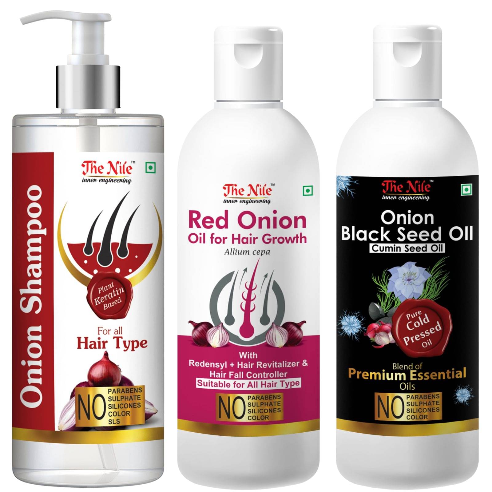The Nile Red Onion Shampoo 200 ML + Red Onion 100 ML + Onion Black Seed Oil 100 ML Shampoo 400 mL Pack of 3 The Nile Red Onion Shampoo 200 ML + Red Onion 100 ML + Onion Black Seed Oil 100 ML Shampoo 400 mL Pack of 3