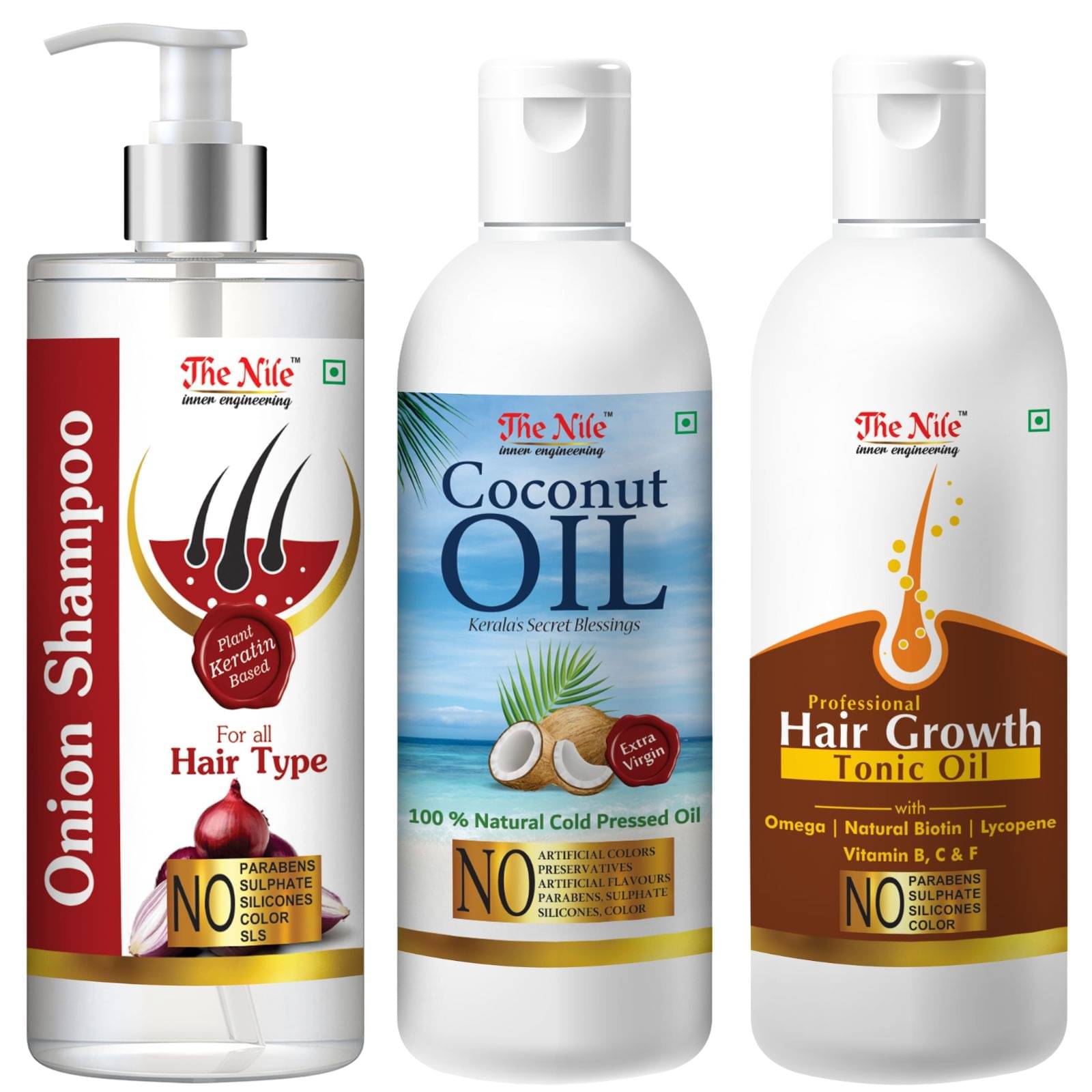 The Nile Red Onion Shampoo 200 ML + Coconut 100 ML + Hair Growth Tonic 100 ML Shampoo 400 mL Pack of 3 The Nile Red Onion Shampoo 200 ML + Coconut 100 ML + Hair Growth Tonic 100 ML Shampoo 400 mL Pack of 3