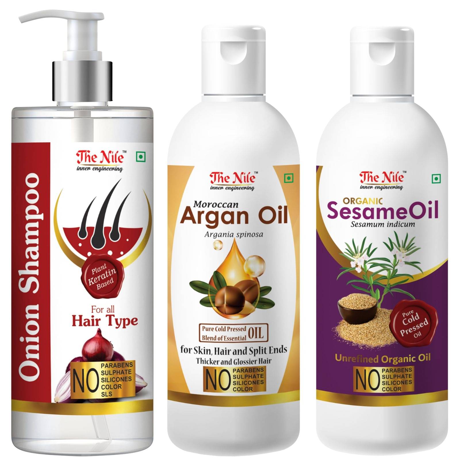 The Nile Red Onion Shampoo 200 ML + Argan Oil 100 ML + Sesame Oil 100 ML Shampoo 400 mL Pack of 3 The Nile Red Onion Shampoo 200 ML + Argan Oil 100 ML + Sesame Oil 100 ML Shampoo 400 mL Pack of 3
