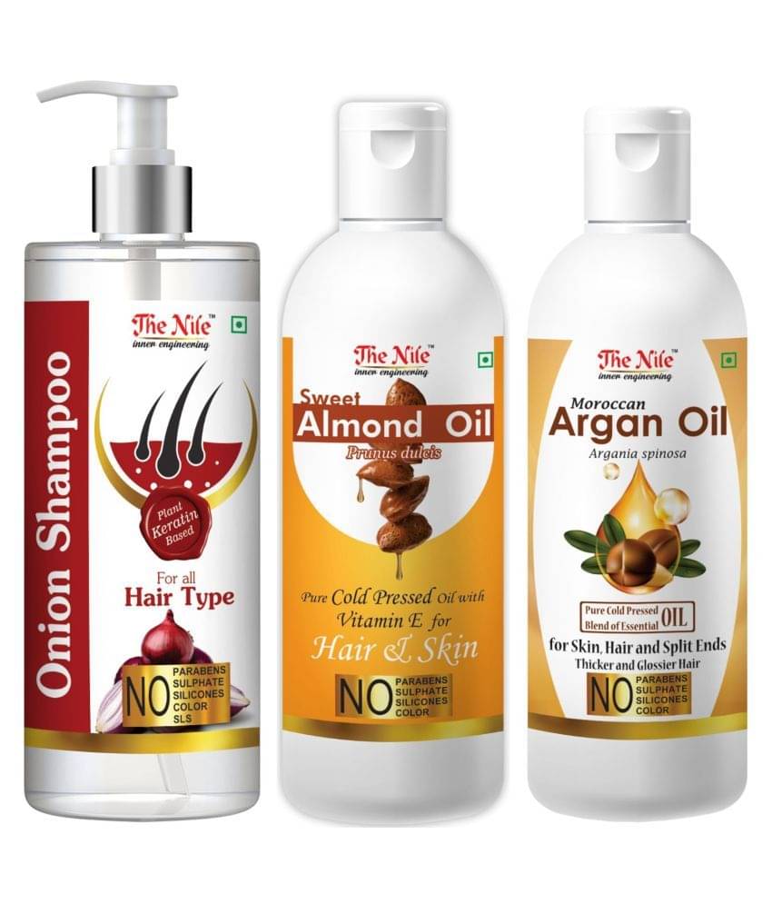 The Nile Red Onion Shampoo 200 ML + Sweet Almond 100 ML + Argan Oil 100 ML Shampoo 400 mL Pack of 3 The Nile Red Onion Shampoo 200 ML + Sweet Almond 100 ML + Argan Oil 100 ML Shampoo 400 mL Pack of 3