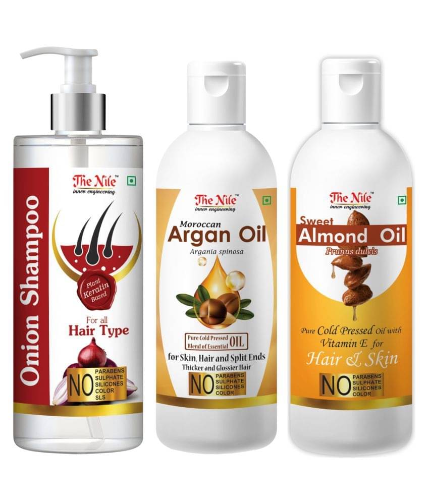 The Nile Red Onion Shampoo 200 ML + Argan Argan Oil 100 ML + Sweet Almond 100 ML Shampoo 400 mL Pack of 3 The Nile Red Onion Shampoo 200 ML + Argan Argan Oil 100 ML + Sweet Almond 100 ML Shampoo 400 mL Pack of 3