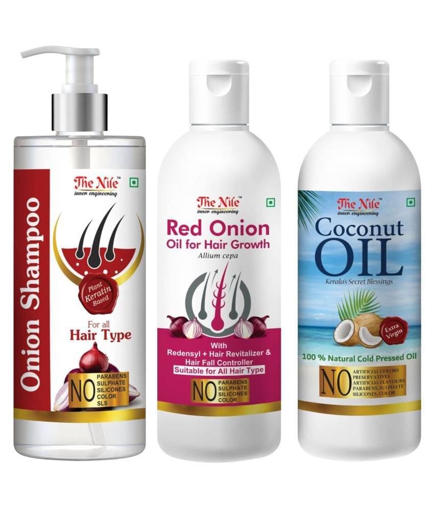 The Nile Red Onion Shampoo 200 ML + Red Onion Oil 100 ML + Coconut Oil 100 ML Shampoo 400 mL Pack of 3 The Nile Red Onion Shampoo 200 ML + Red Onion Oil 100 ML + Coconut Oil 100 ML Shampoo 400 mL Pack of 3