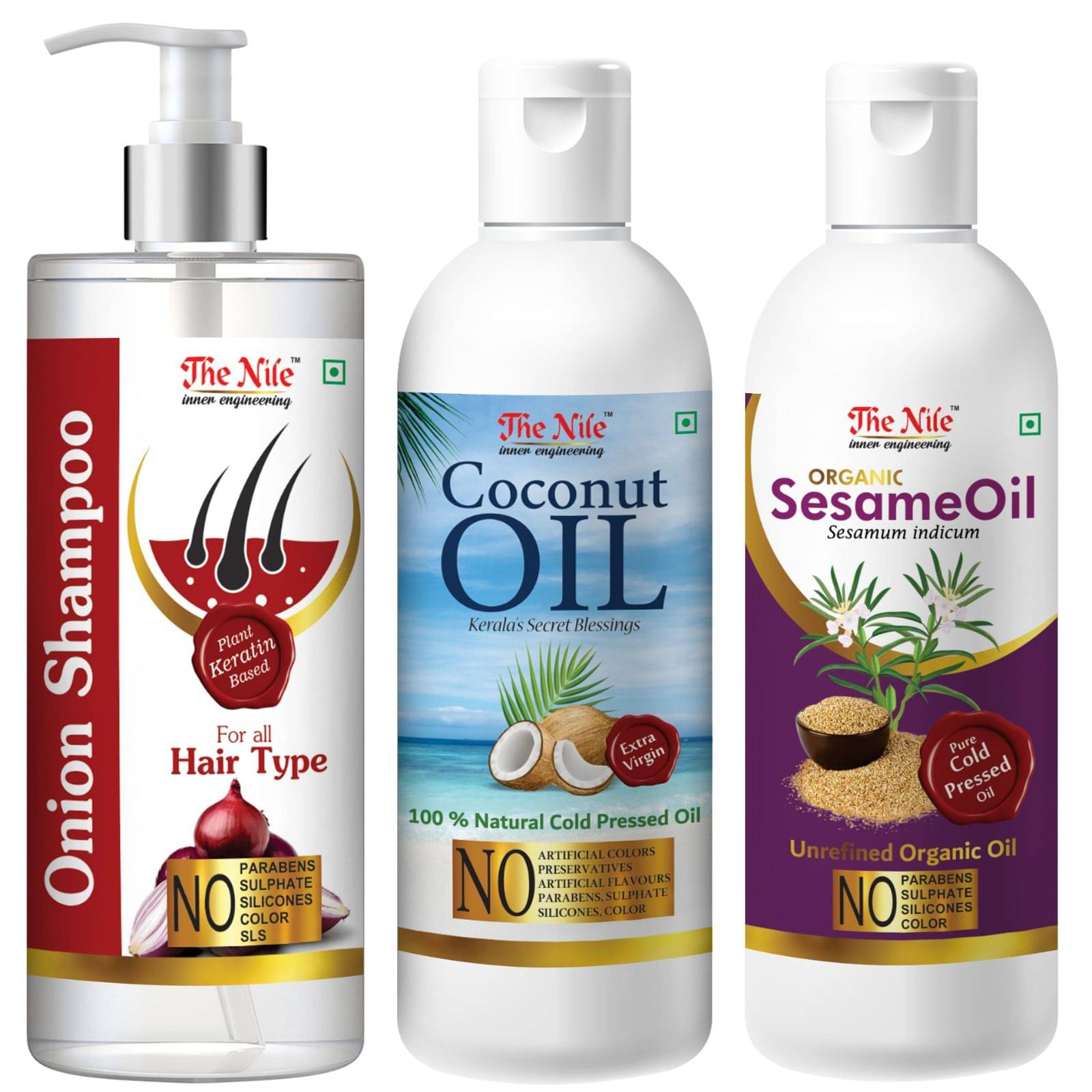 The Nile Red Onion Shampoo 200 ML + Coconut 100 ML + Sesame Oil 100 ML Shampoo 400 mL Pack of 3 The Nile Red Onion Shampoo 200 ML + Coconut 100 ML + Sesame Oil 100 ML Shampoo 400 mL Pack of 3