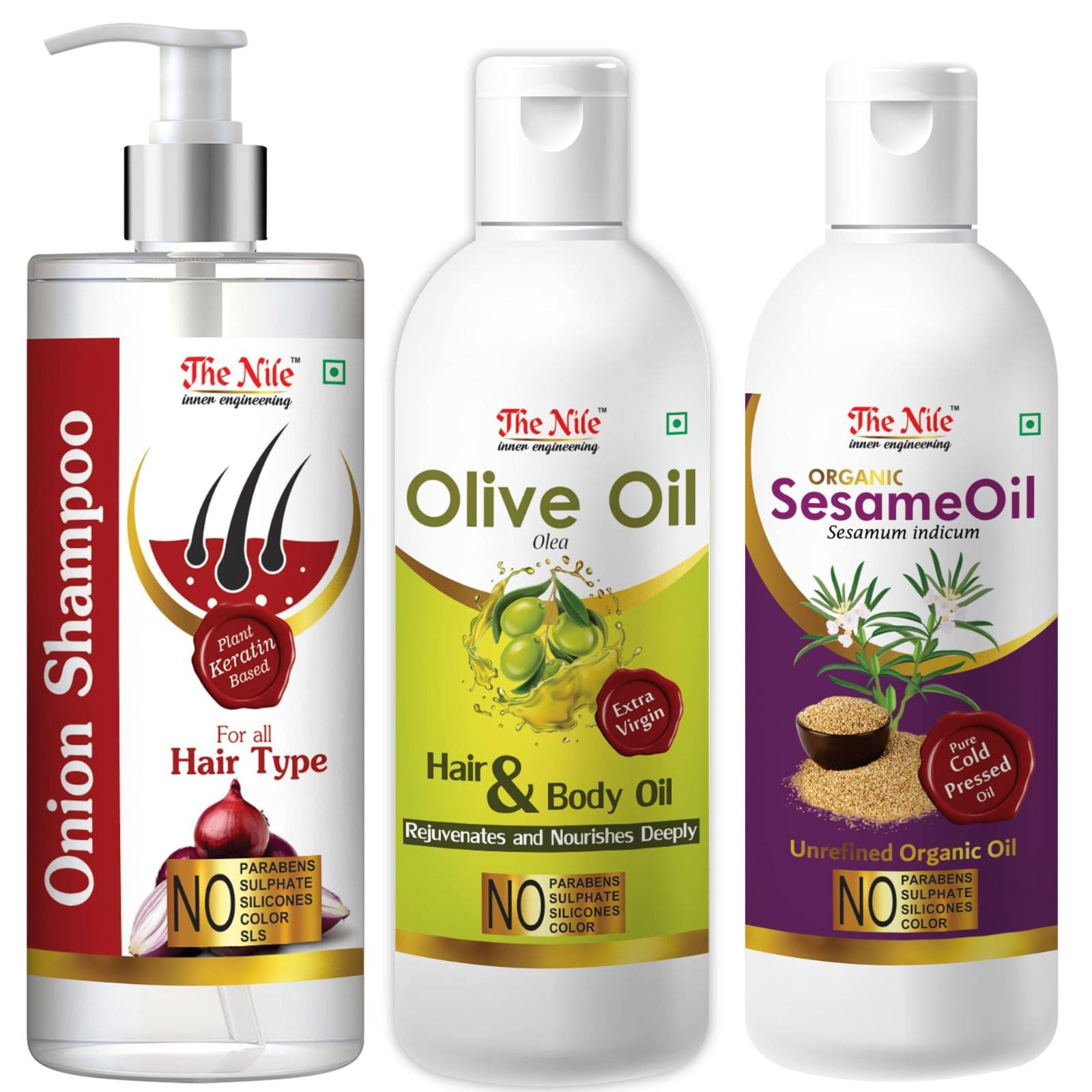     			The Nile Red Onion Shampoo 200 ML + Olive Oil 100 ML + Sesame Oil 100 ML  Shampoo 400 mL Pack of 3