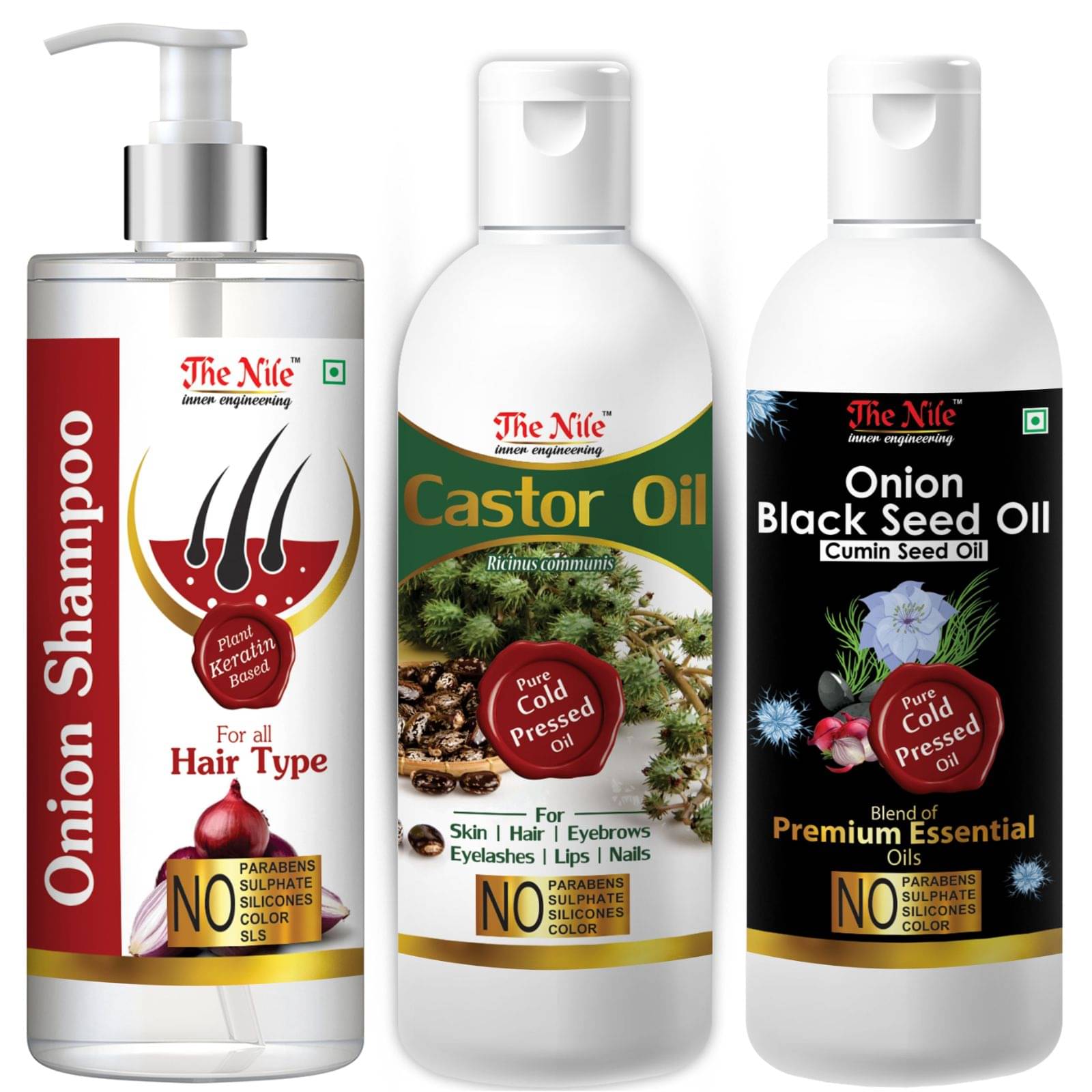 The Nile Red Onion Shampoo 200 ML + Castor 100 ML + Onion Black Seed 100 ML Shampoo 400 mL Pack of 3 The Nile Red Onion Shampoo 200 ML + Castor 100 ML + Onion Black Seed 100 ML Shampoo 400 mL Pack of 3
