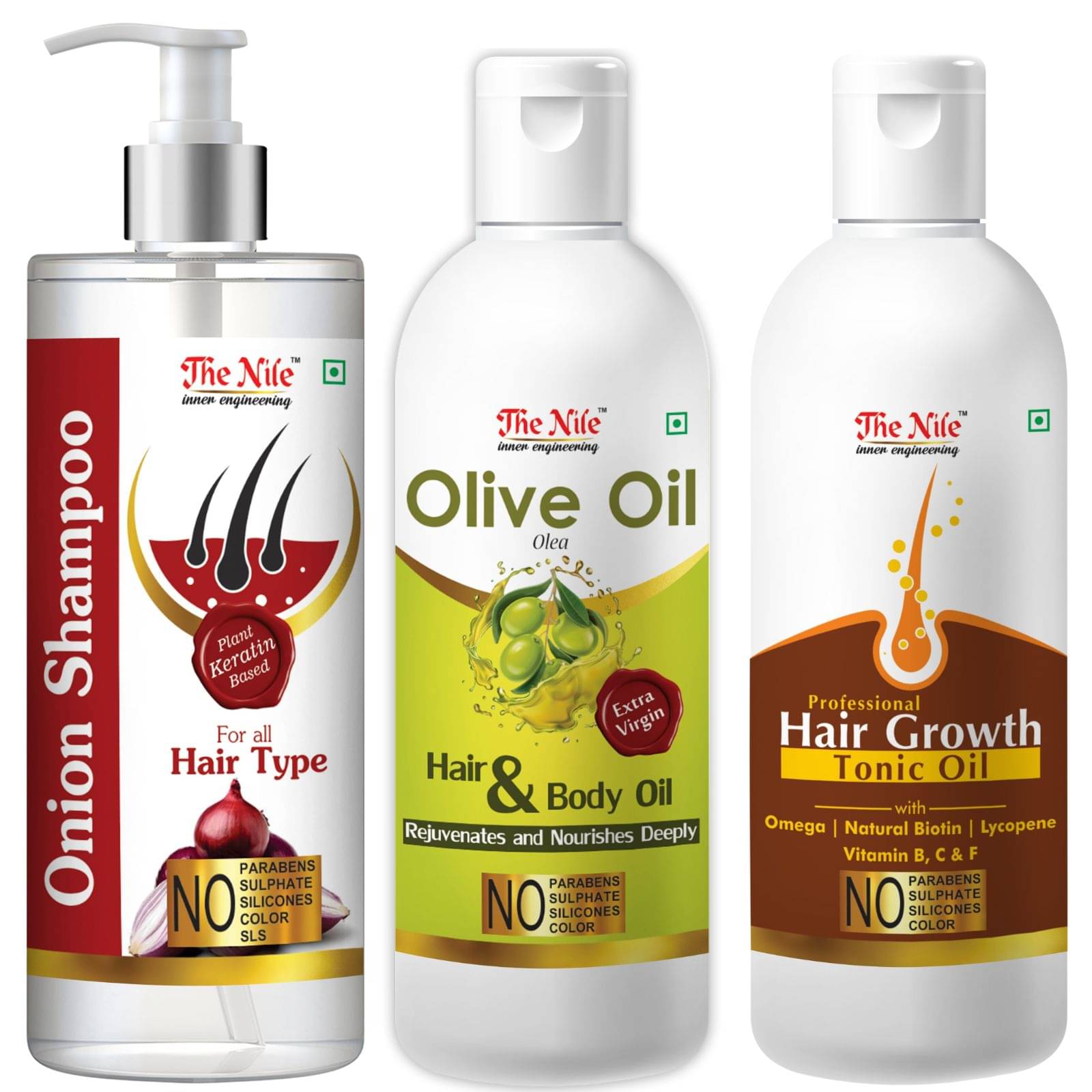 The Nile Red Onion Shampoo 200 ML + Olive Oil 100 ML + Hair Tonic 100 ML Shampoo 400 mL Pack of 3 The Nile Red Onion Shampoo 200 ML + Olive Oil 100 ML + Hair Tonic 100 ML Shampoo 400 mL Pack of 3