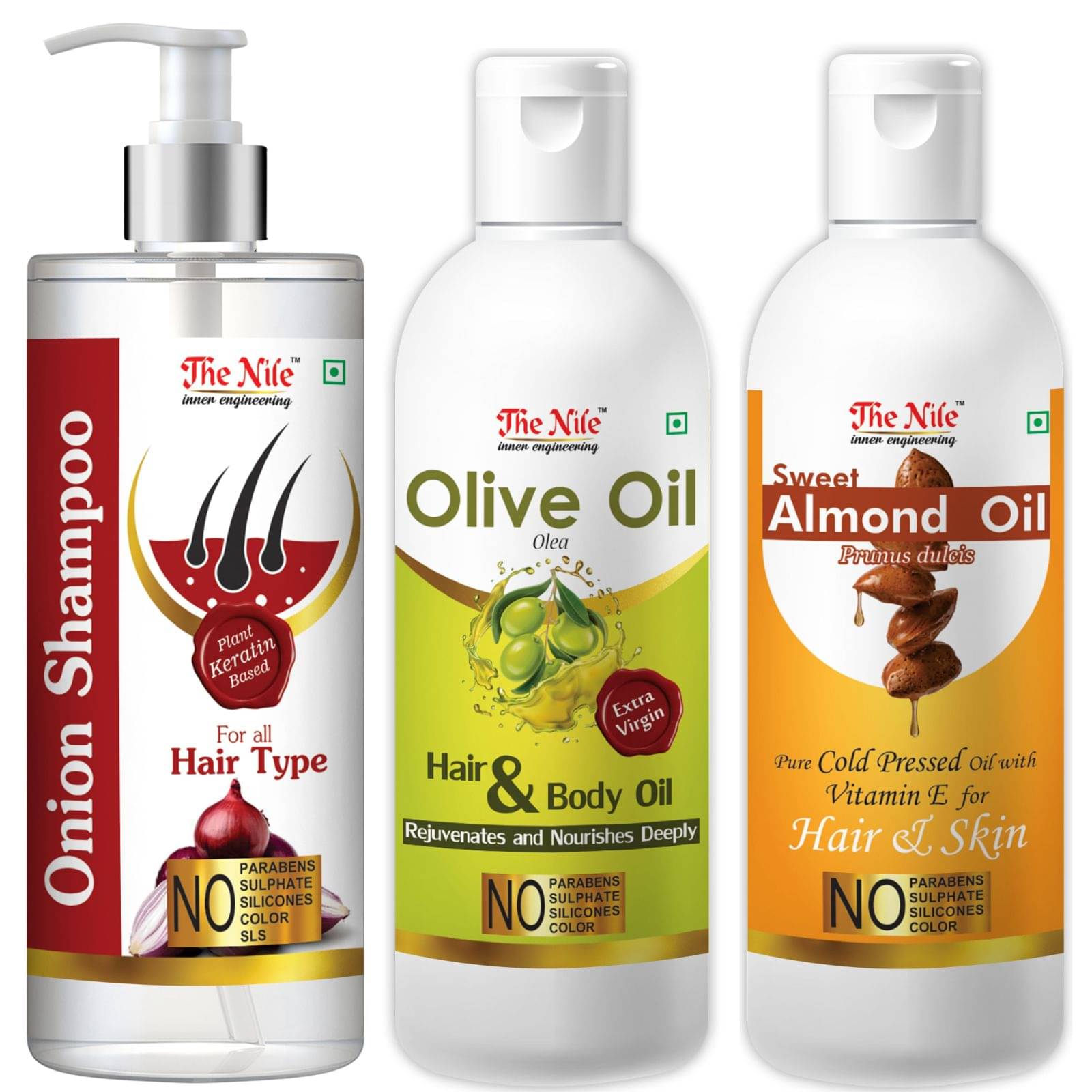 The Nile Red Onion Shampoo 200 ML + Olive Oil 100 ML + Sweet Almond 100 ML Shampoo 400 mL Pack of 3 The Nile Red Onion Shampoo 200 ML + Olive Oil 100 ML + Sweet Almond 100 ML Shampoo 400 mL Pack of 3