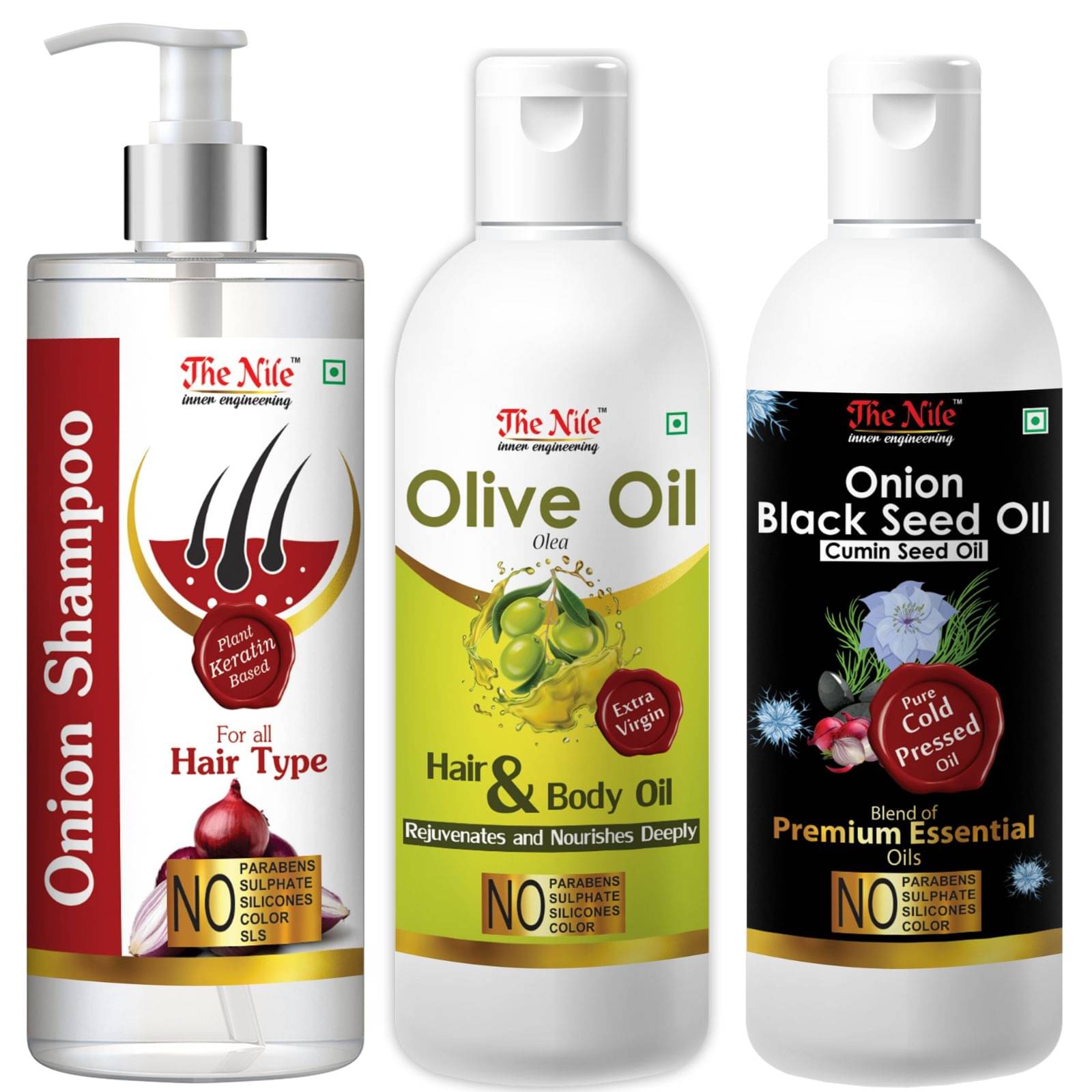 The Nile Red Onion Shampoo 200 ML + Olive Oil 100 ML + Onion Black Seed Oil 100 ML Shampoo 400 mL Pack of 3 The Nile Red Onion Shampoo 200 ML + Olive Oil 100 ML + Onion Black Seed Oil 100 ML Shampoo 400 mL Pack of 3