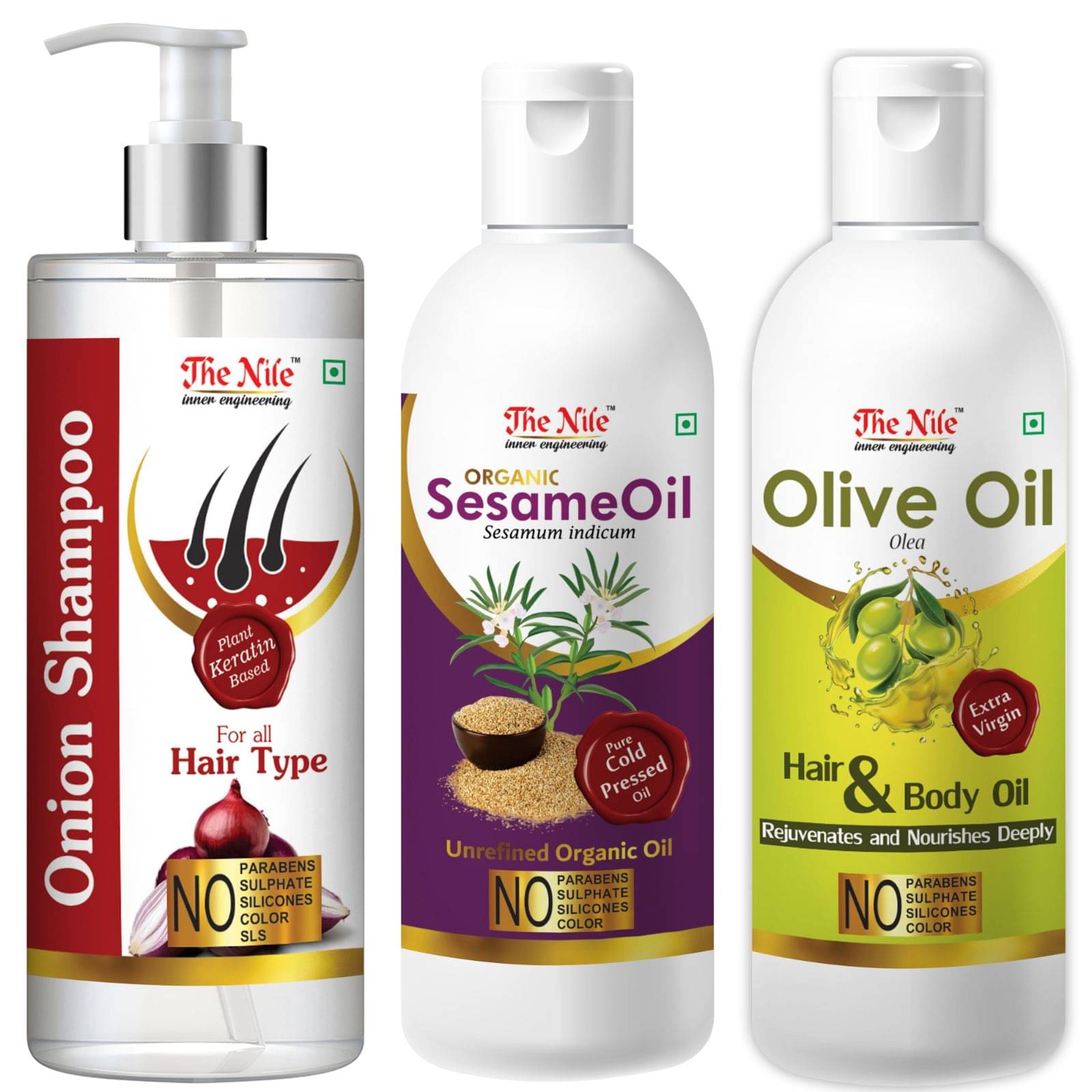     			The Nile Red Onion Shampoo 200 ML + Sesame  Oil 100 ML + Olive Oil 100 ML  Shampoo 400 mL Pack of 3