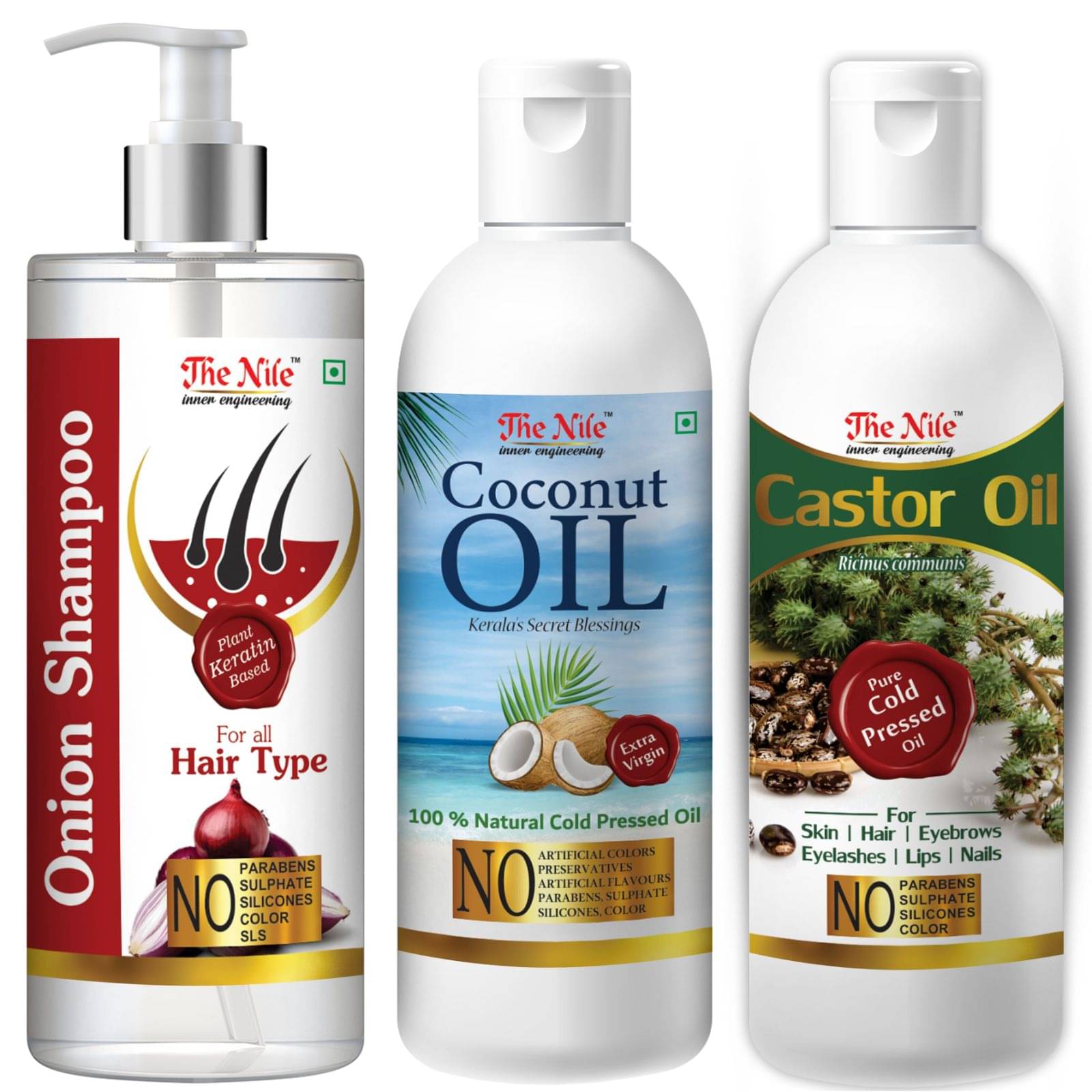 The Nile Red Onion Shampoo 200 ML + Coconut 100 ML + Castor Oil 100 ML Shampoo 400 mL Pack of 3 The Nile Red Onion Shampoo 200 ML + Coconut 100 ML + Castor Oil 100 ML Shampoo 400 mL Pack of 3