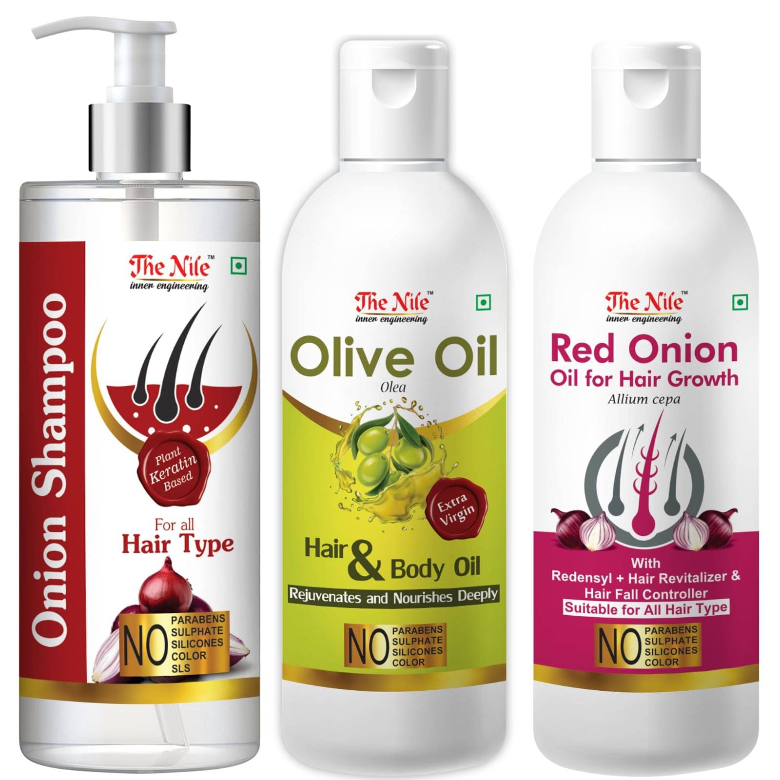 The Nile Red Onion Shampoo 200 ML + Olive Oil 100 ML + Red Onion Oil 100 ML Shampoo 400 mL Pack of 3 The Nile Red Onion Shampoo 200 ML + Olive Oil 100 ML + Red Onion Oil 100 ML Shampoo 400 mL Pack of 3