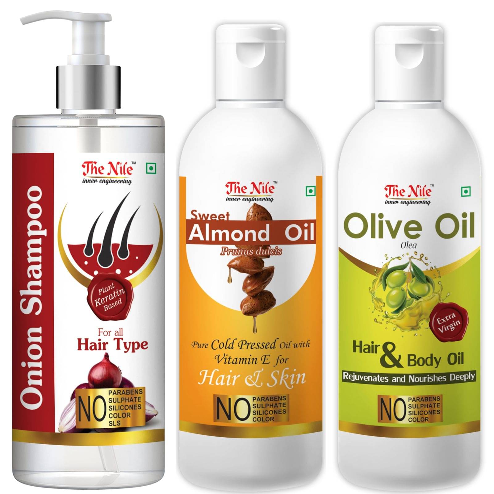     			The Nile Red Onion Shampoo 200 ML + Sweet Almond 100 ML + Olive Oil 100 ML  Shampoo 400 mL Pack of 3