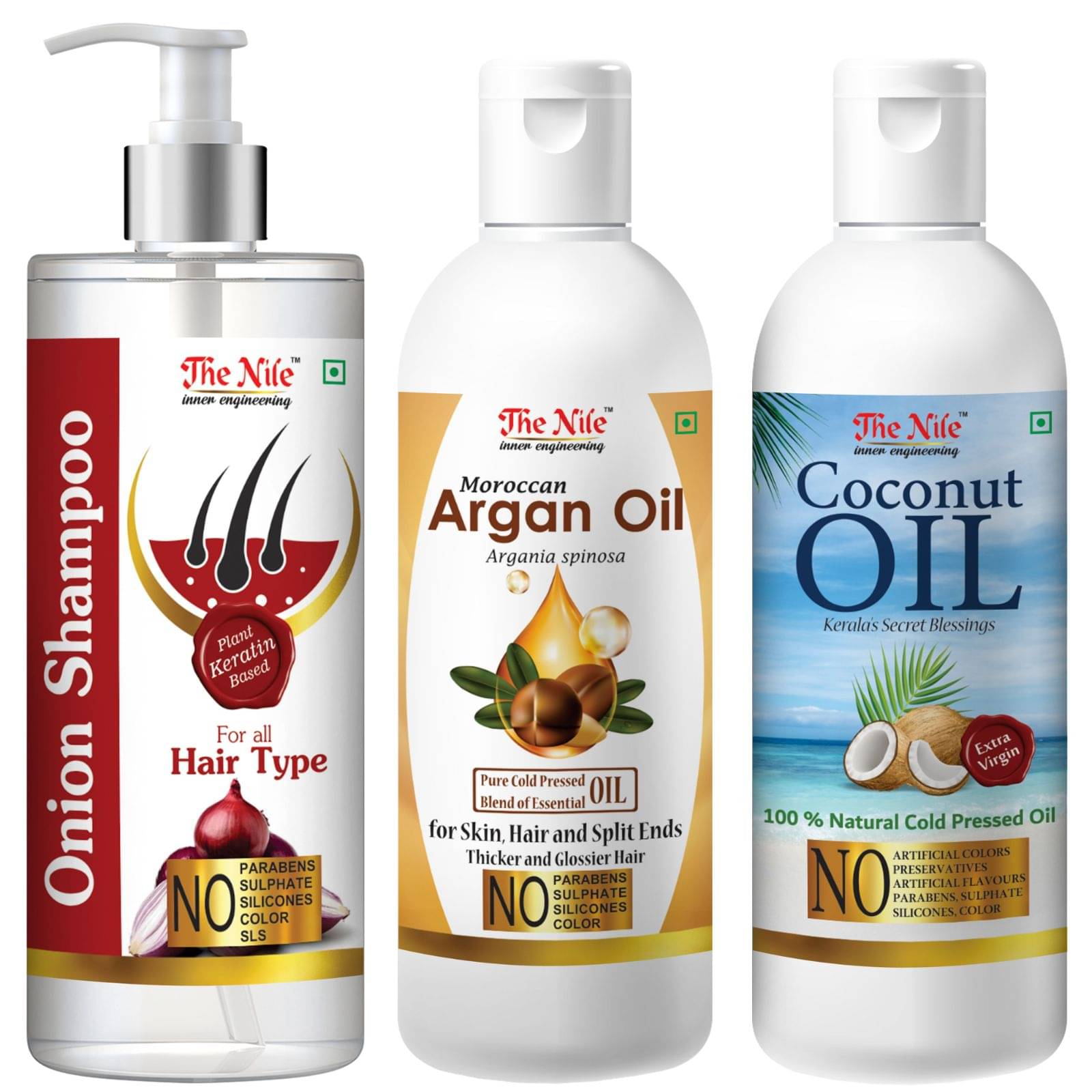 The Nile Red Onion Shampoo 200 ML + Argan Argan Oil 100 ML + Coconut Oil 100 ML Shampoo 400 mL Pack of 3 The Nile Red Onion Shampoo 200 ML + Argan Argan Oil 100 ML + Coconut Oil 100 ML Shampoo 400 mL Pack of 3