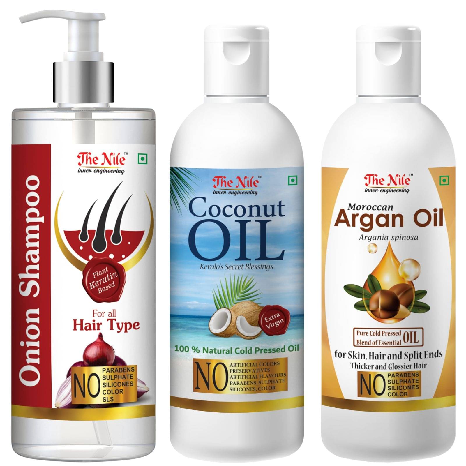 The Nile Red Onion Shampoo 200 ML + Coconut 100 ML + Argan Oil 100 ML Shampoo 400 mL Pack of 3 The Nile Red Onion Shampoo 200 ML + Coconut 100 ML + Argan Oil 100 ML Shampoo 400 mL Pack of 3