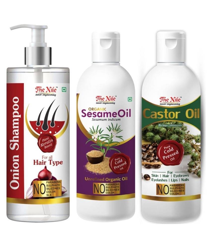 The Nile Red Onion Shampoo 200 ML + Sesame Oil 100 ML + Castor Oil 100 ML Shampoo 400 mL Pack of 3 The Nile Red Onion Shampoo 200 ML + Sesame Oil 100 ML + Castor Oil 100 ML Shampoo 400 mL Pack of 3