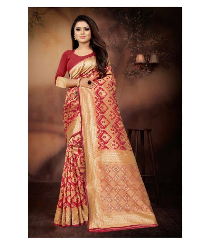 Gazal Fashions Banarasi Silk Saree With Unstitched Blouse Piece ( Red ) - Sarees | Buy online on ZillyBuy
