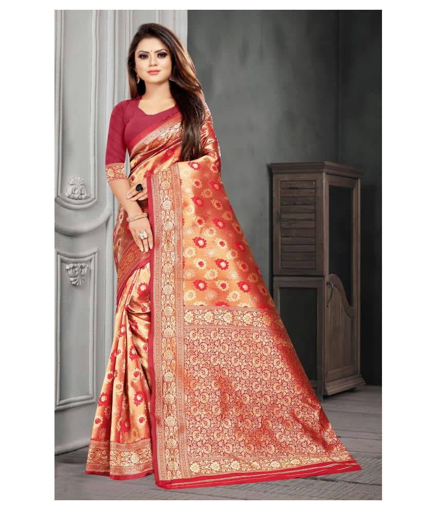 Gazal Fashions Silk Blend Printed Saree With Unstitched Blouse Piece ( Red ) - Sarees | Buy online on ZillyBuy