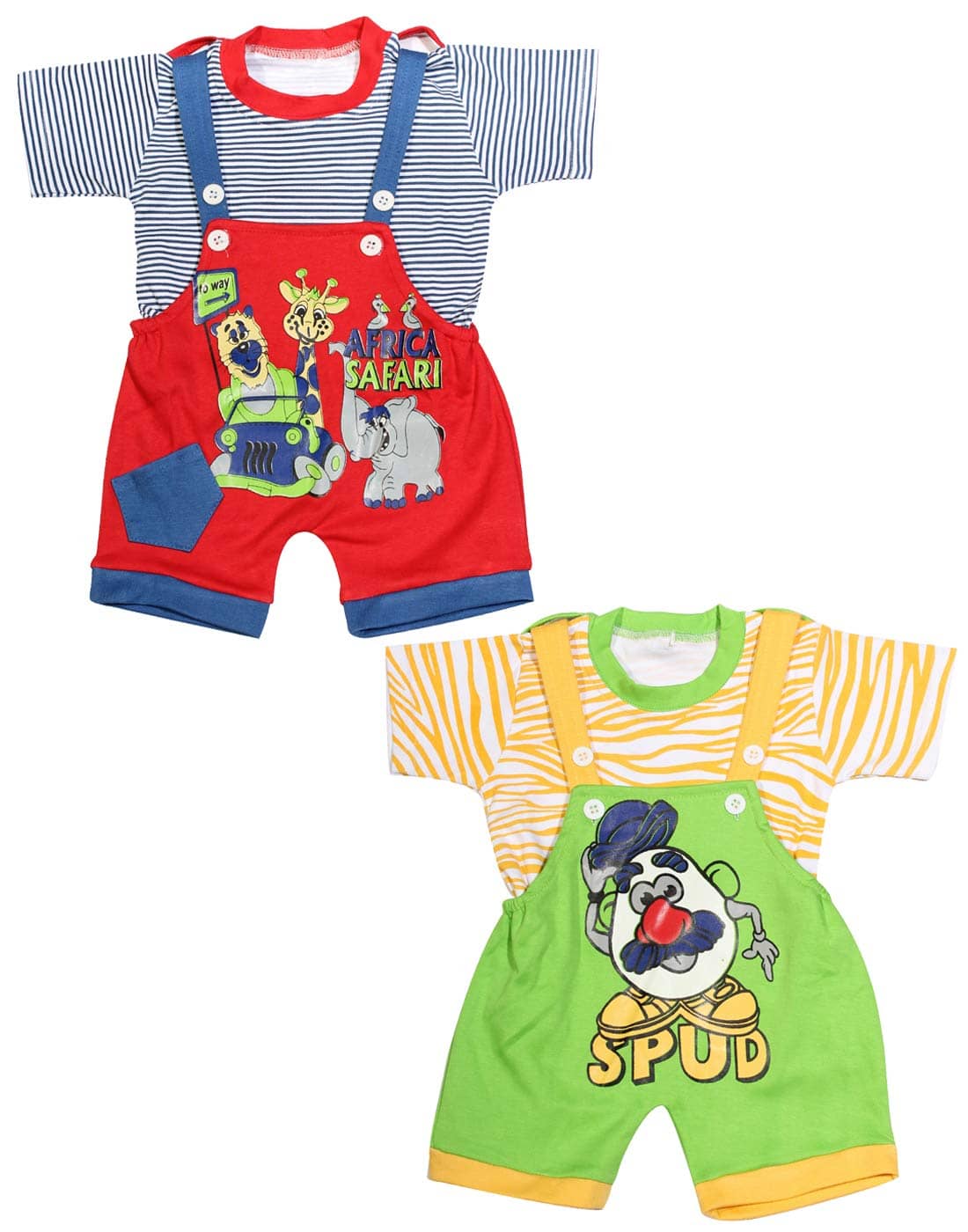 babeezworld baby boys and girls cotton dungaree romper set (Multicolour: 0-3 Months) Pack of 2