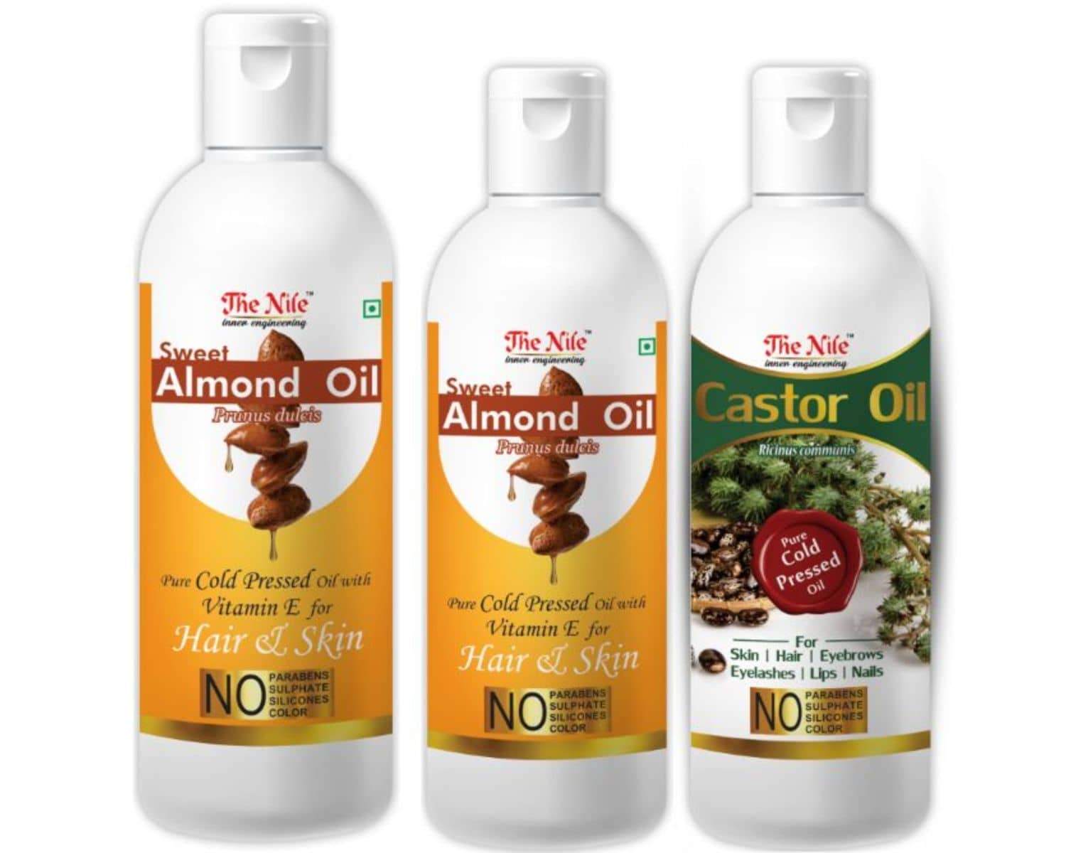 The Nile Almond Oil 200 Ml + 100 Ml (300 ML) + Castor Oil 100 ML 400 mL Pack of 3
