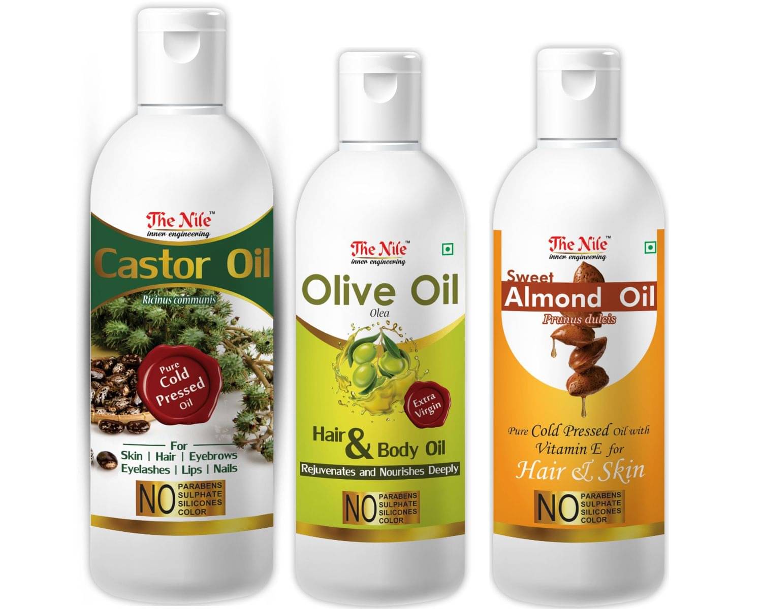     			The Nile Castor Oil 200 ML + Olive Oil 100 ML + Almond Oil 100 Ml 400 mL Pack of 3