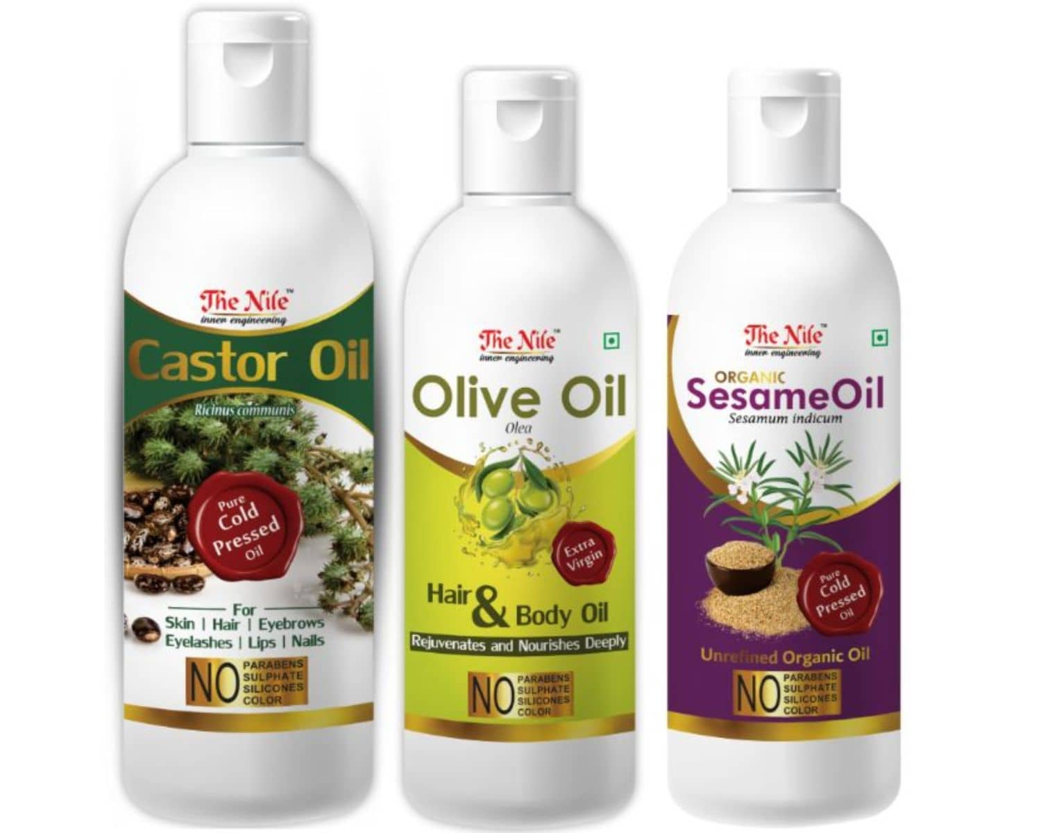 The Nile Castor Oil 200 ML + Olive 100 Ml + Sesame Oil 100 ML 400 mL Pack of 3