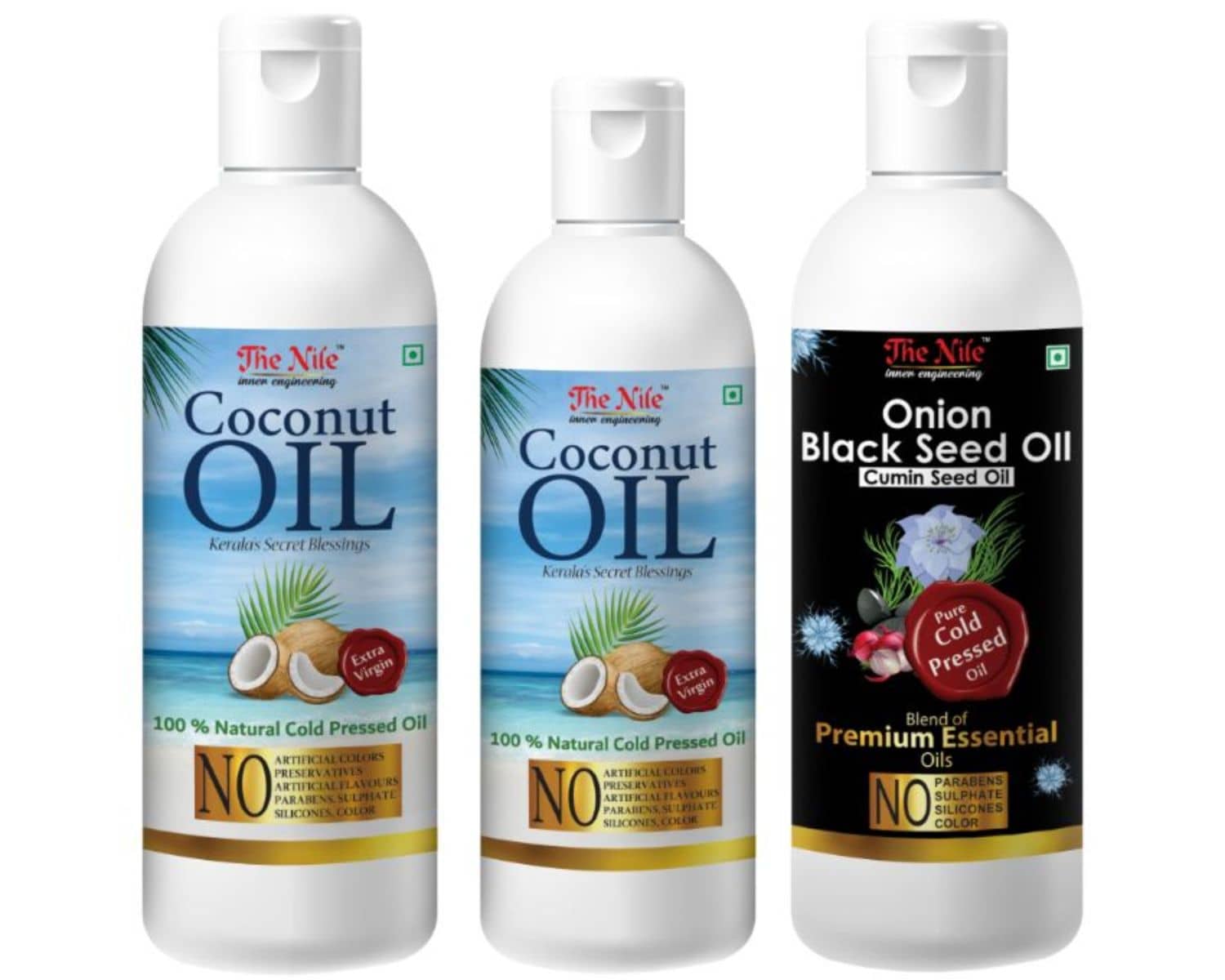 The Nile Coconut Oil 200 Ml + 100Ml(300 ML) +Onion Blackseed Oil 100 ML 400 mL Pack of 3
