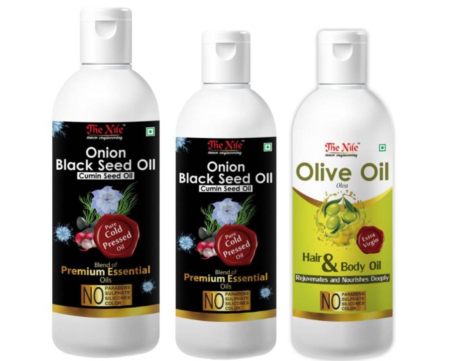     			The Nile Onion Blackseed 200 ML+ 100 ML(300 Ml) + Olive Oil 100 ML 400 mL Pack of 3
