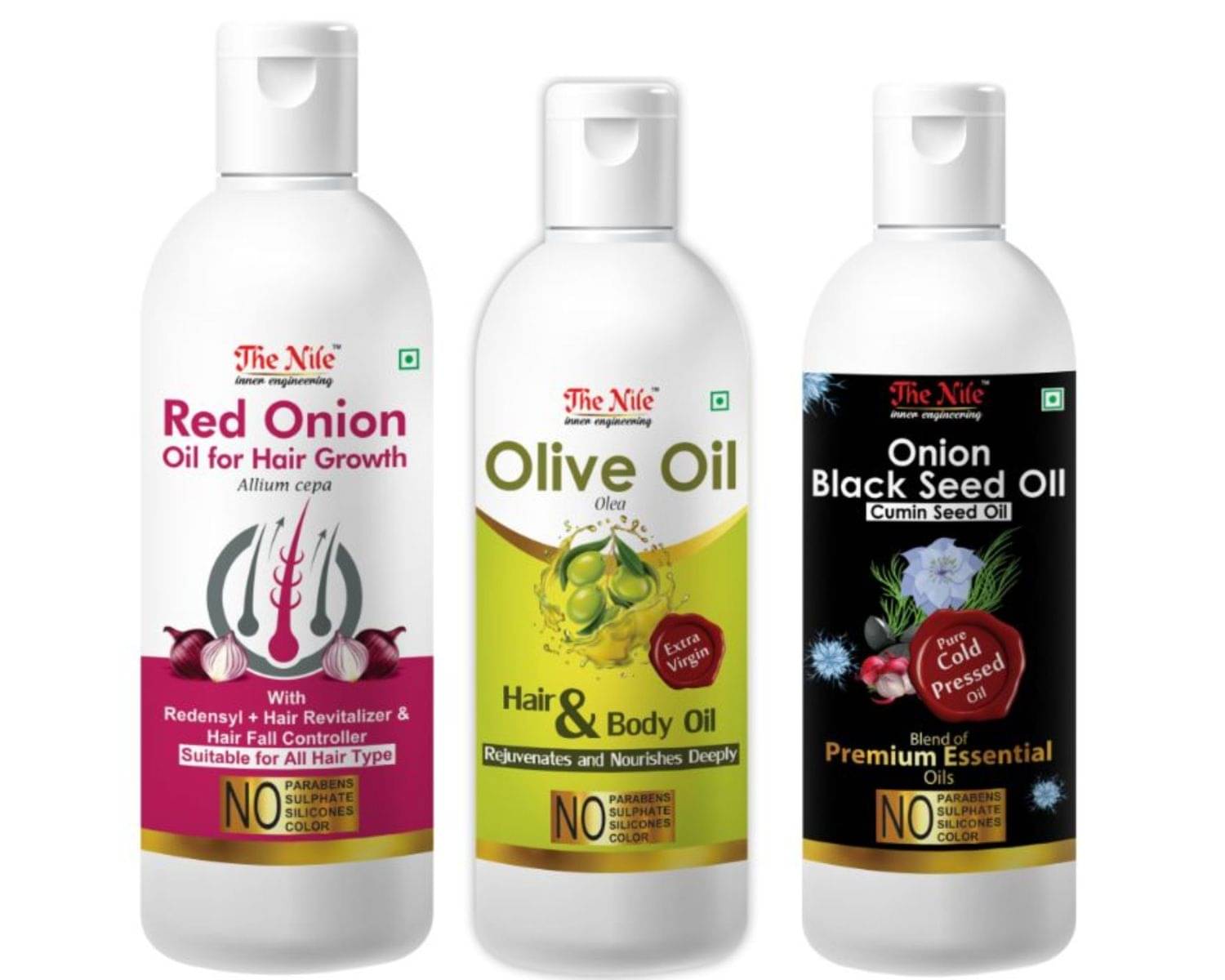 The Nile Red Onion 200 Ml + Onion Blackseed 100 ML +Olive Oil 100 Ml 400 mL Pack of 3 The Nile Red Onion 200 Ml + Onion Blackseed 100 ML +Olive Oil 100 Ml 400 mL Pack of 3