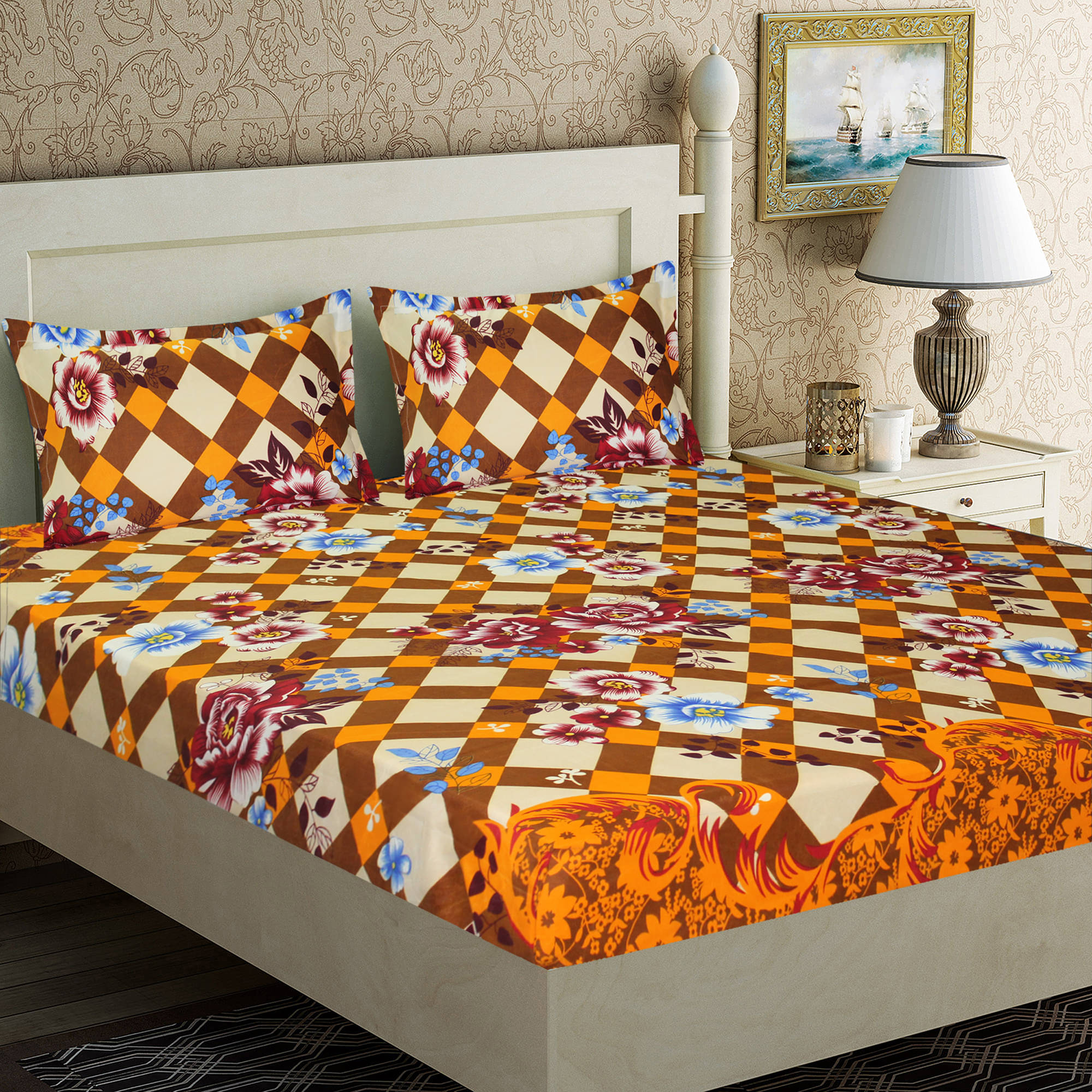 Home Candy Microfiber Floral Double Bedsheet with 2 Pillow Covers- Brown Home Candy Microfiber Floral Double Bedsheet with 2 Pillow Covers- Brown
