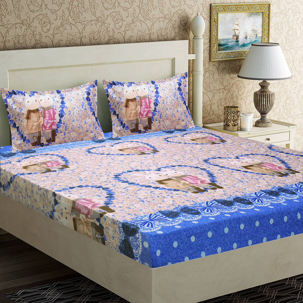     			Home Candy Microfiber Graphics Double Bedsheet with 2 Pillow Covers- Peach