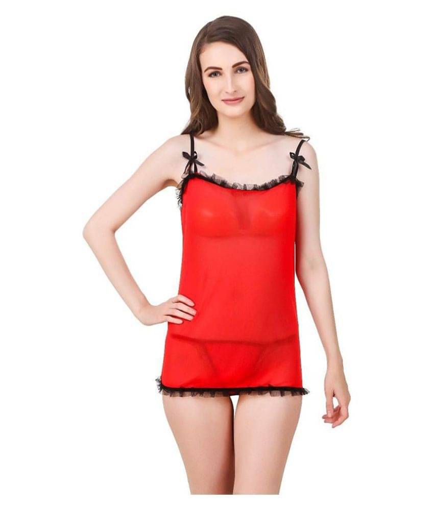     			Celosia Net Baby Doll Dresses With Panty - Red