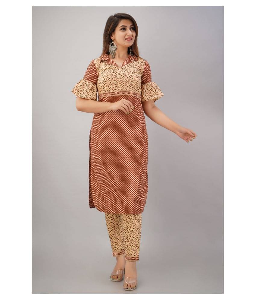 SVARCHI - Brown Straight Cotton Women's Stitched Salwar Suit ( Pack of 1 )     			SVARCHI - Brown Straight Cotton Women's Stitched Salwar Suit ( Pack of 1 )