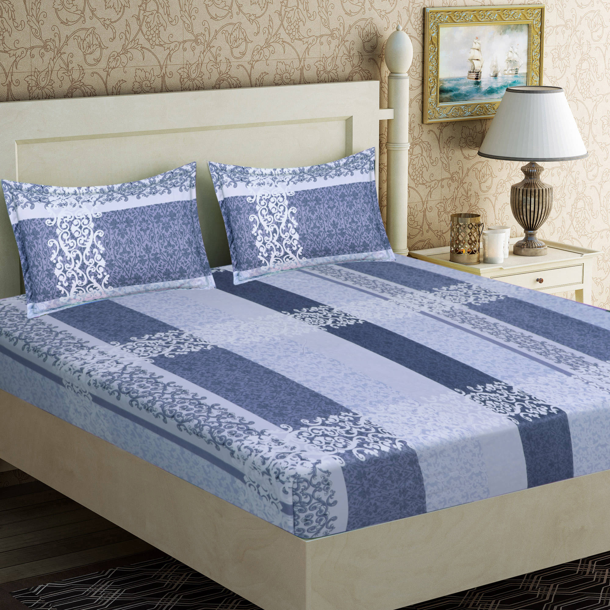     			Home Candy Microfiber Ethnic Double Bedsheet with 2 Pillow Covers- Blue