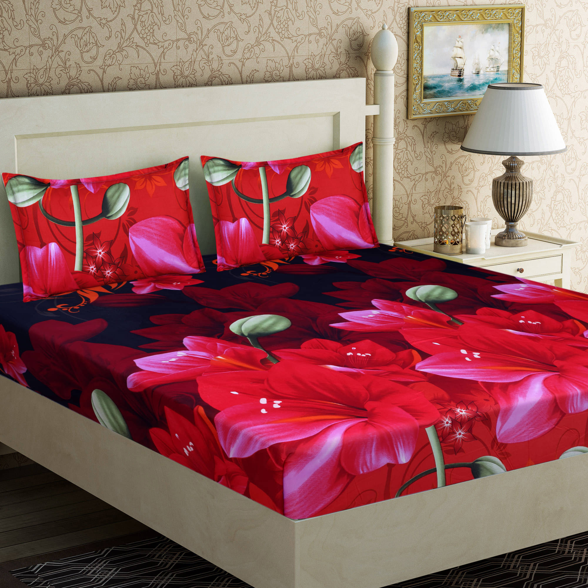     			Home Candy Microfiber Floral Double Bedsheet with 2 Pillow Covers- Red