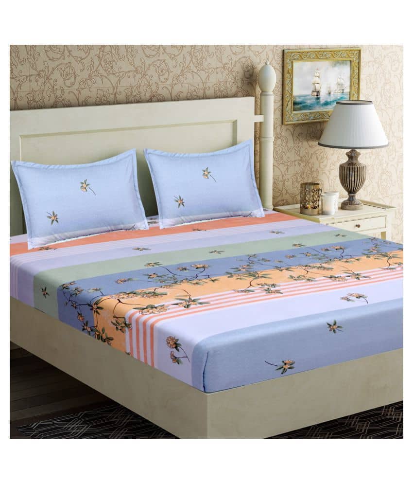 Home Candy Microfiber Floral Double Bedsheet with 2 Pillow Covers- Blue