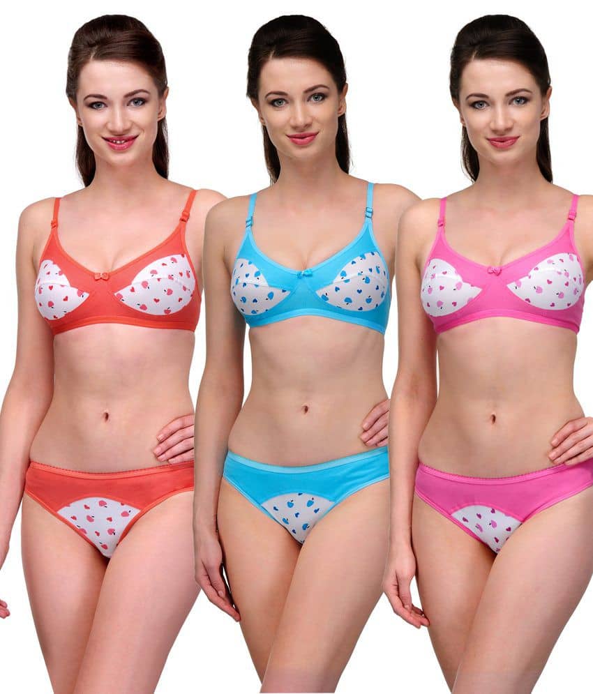 Softskin Pack of 3 Cotton Women's Bra & Panty Set ( Multi Color )
