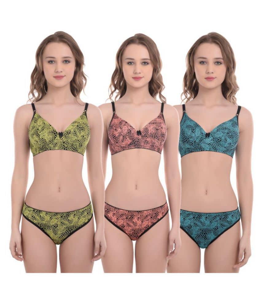 Softskin Pack of 3 Poly Viscose Women's Bra & Panty Set ( Multi Color )