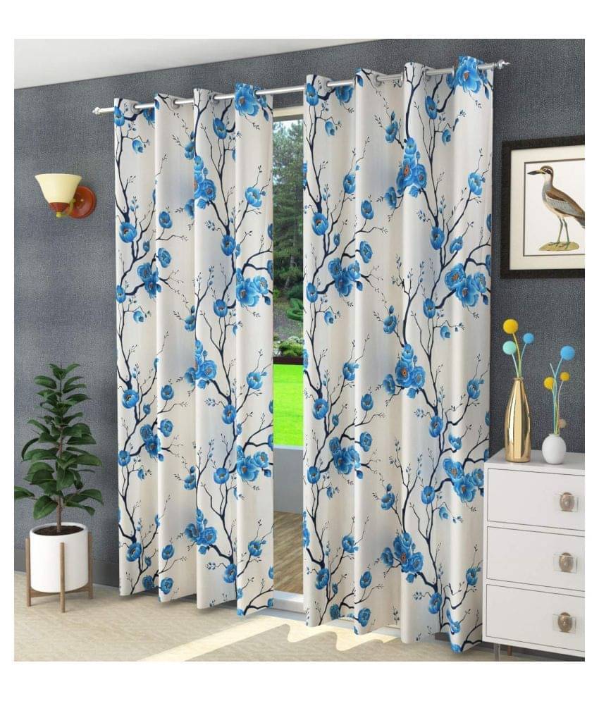     			Web India International Set of 2 Door Eyelet Polyester Curtains Blue