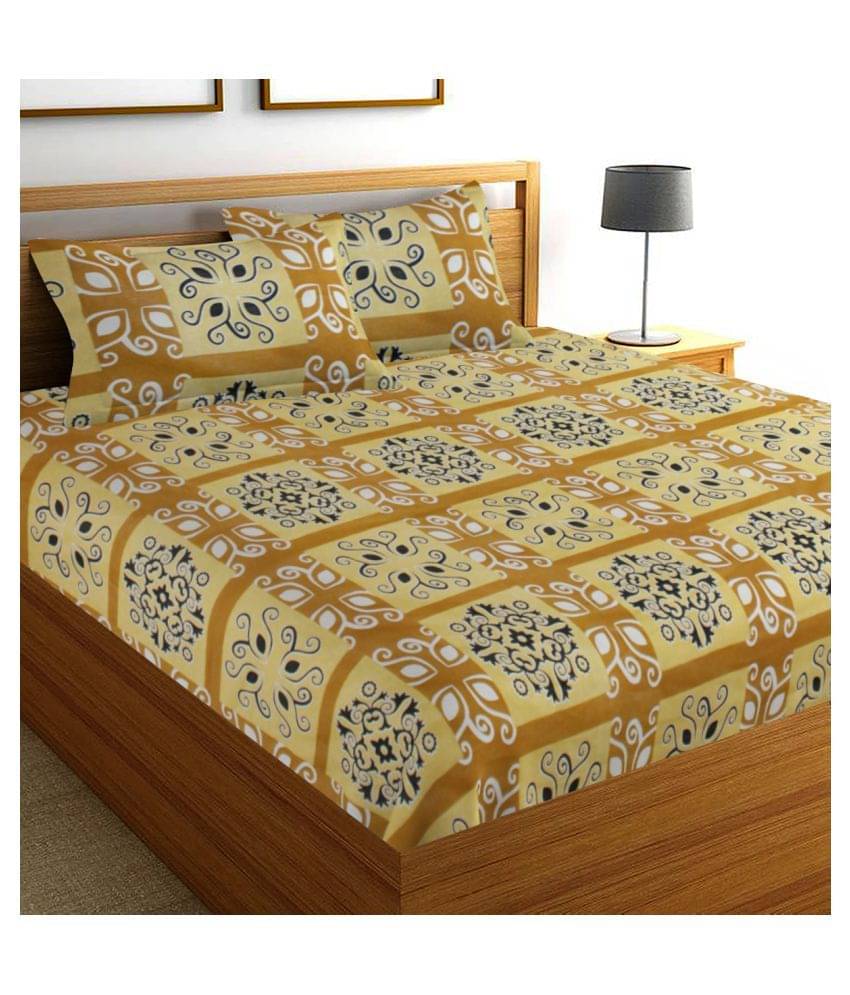     			Home Candy Cotton Ethnic Double Bedsheet with 2 Pillow Covers - Yellow