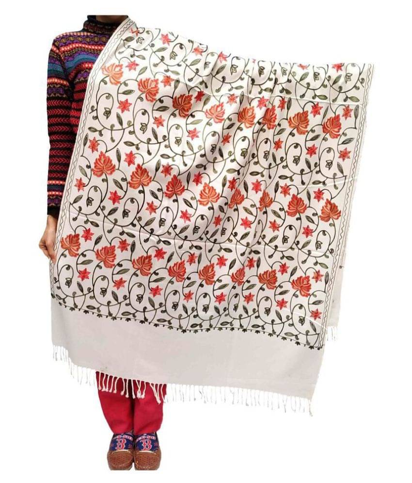     			KASHMIRI White Ari Embroidery Shawl