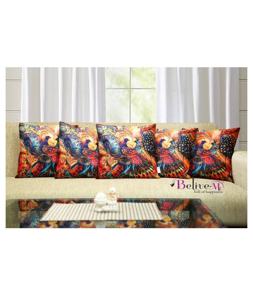     			Belive-Me Set of 5 Jute Print Cushion Covers Peacock Ethnic Themed 40X40 cm (16X16 inch)