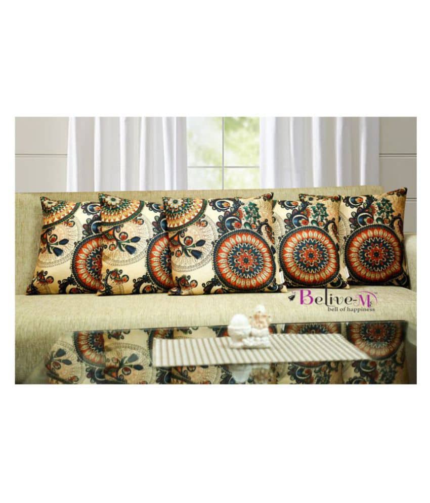 Belive-Me Set of 5 Jute Print Cushion Covers Rangoli Themed 40X40 cm (16X16 inch)